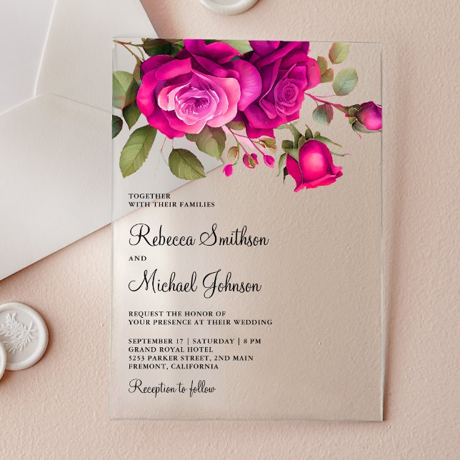 Invitations En Acrylique Mariage aux Roses Rose Chaude Fuchsia (Créateur téléchargé)