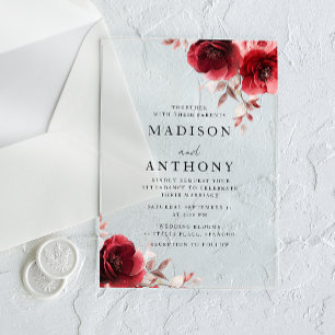 Invitations En Acrylique Mariage aux Roses Rouges Vintage