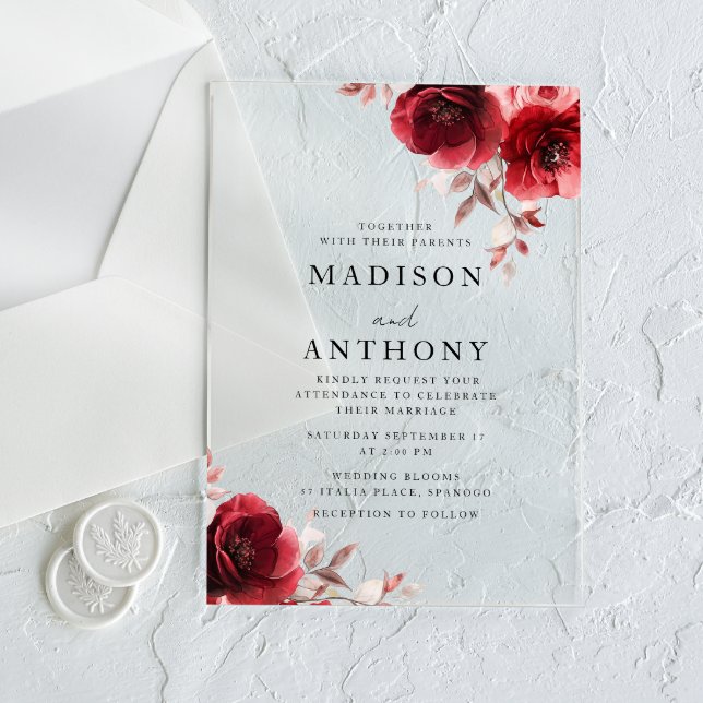 Invitations En Acrylique Mariage aux Roses Rouges Vintage (Créateur téléchargé)