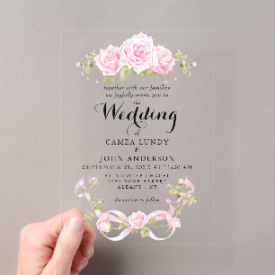 Invitations En Acrylique Mariage aux Roses Tendres et Ruban Rose
