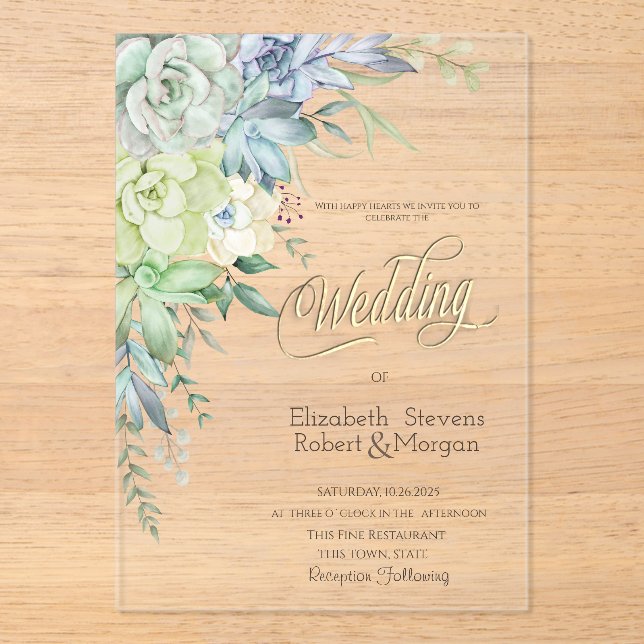 Invitations En Acrylique Mariage aux succulentes du désert à l'aquarelle (Recto)