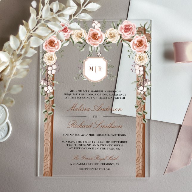 Invitations En Acrylique Mariage avec Canopée en Bois Rustique et Monogramm (Créateur téléchargé)