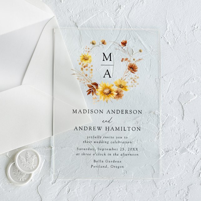 Invitations En Acrylique Mariage avec Monogramme aux Tournesols Rustiques e (Créateur téléchargé)
