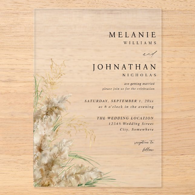 Invitations En Acrylique Mariage Beachy Boho Herbe de Pampas 2 (Recto)