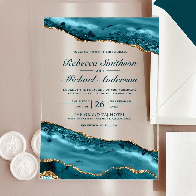 Invitations En Acrylique Mariage Bille de Marbre Agate Bleu-vert et Or (Créateur téléchargé)