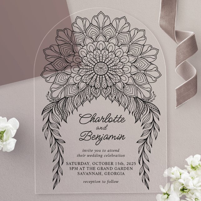 Invitations En Acrylique Mariage Black Boho Mandala Feuille de Vigne (Créateur téléchargé)
