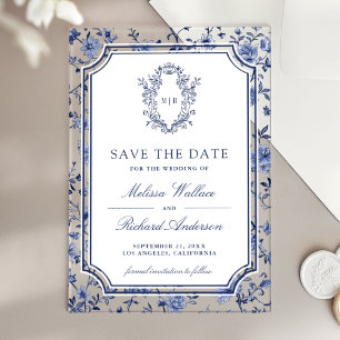 Invitations En Acrylique Mariage Blanc Bleu Chinoiserie Blason Épargnez la