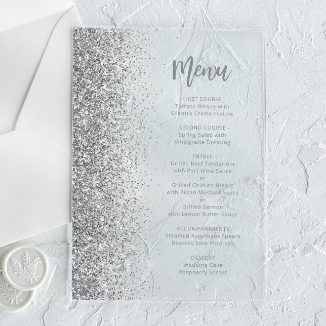 Invitations En Acrylique Mariage blanc écriture paillettes argentées (Créateur téléchargé)