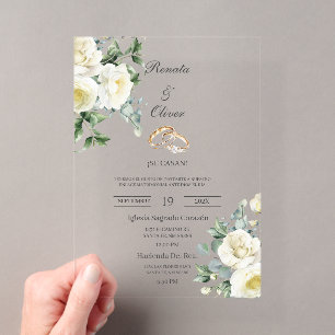 Invitations En Acrylique Mariage blanc en acrylique et verdure