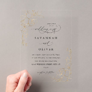 Invitations En Acrylique Mariage blanc et noir à fleurs bordées d'or