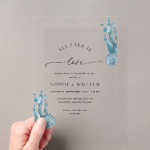 Invitations En Acrylique Mariage Bleu Coquillage Mer Océanique Nautionique