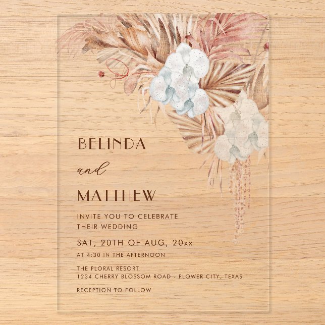 Invitations En Acrylique Mariage Bohème Aquarelle Fleurs (Recto)