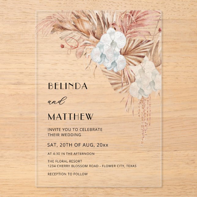 Invitations En Acrylique Mariage Bohème Aquarelle Fleurs (Recto)
