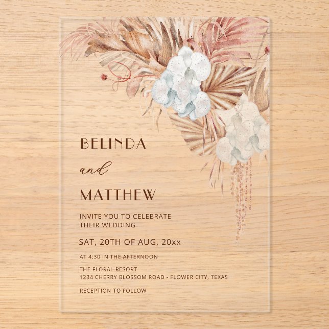 Invitations En Acrylique Mariage Bohème Aquarelle Fleurs (Recto)