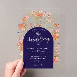 Invitations En Acrylique Mariage Bohème Automnal Floral Bleu Marine