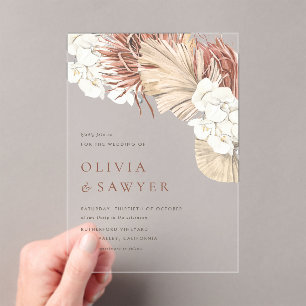 Invitations En Acrylique Mariage Bohème aux Feuilles de Palmier Séchées et 