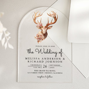 Invitations En Acrylique Mariage Bohème aux Fleurs de Terre Cuite et Cerfs