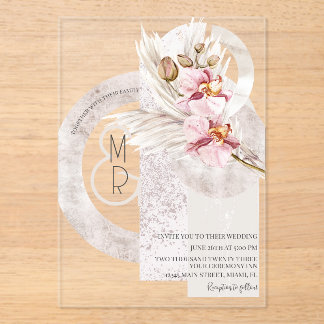 Invitations En Acrylique Mariage Bohème Beige Rose Monogramme Pampas B