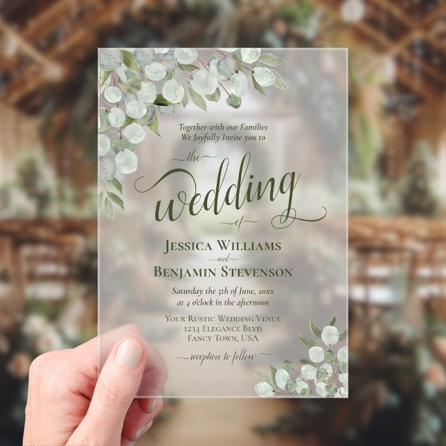 Invitations En Acrylique Mariage Bohème Chic au Eucalyptus Rustique et au F (Frosted Acrylic with Rectangle Cut)