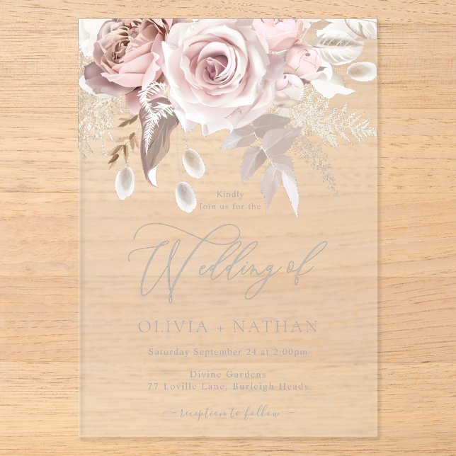 Invitations En Acrylique Mariage Bohème de Luxe Rose Poussiéreux & Rouge à  (Recto)