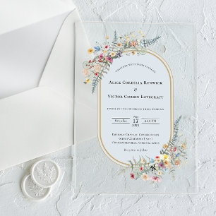 Invitations En Acrylique Mariage Bohème Fleur de Fougère Bleu Poussiéreux