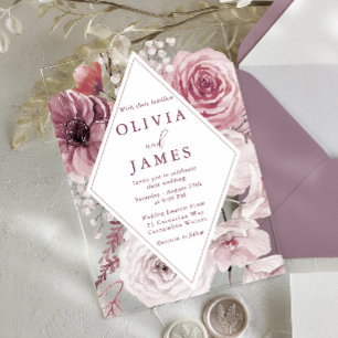 Invitations En Acrylique Mariage Bohème Fleurie Rose Poussière et Mauve