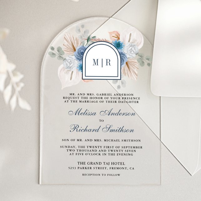 Invitations En Acrylique Mariage Bohème Fleurs Bleu Poussiéreux Pampas (Créateur téléchargé)