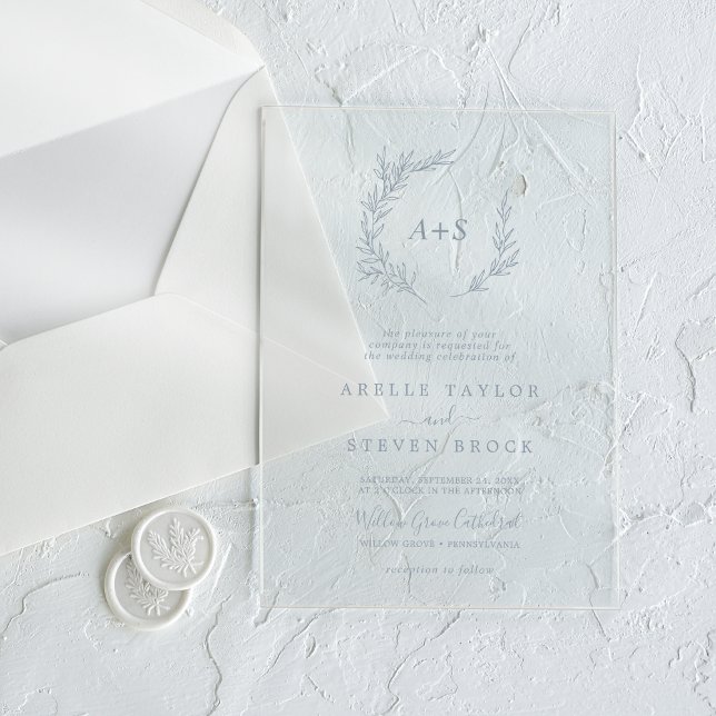 Invitations En Acrylique Mariage Bohème Minimaliste Feuillage Bleu Monogram (Minimal Leaf Blue Monogram Greenery Boho Wedding Acrylic Invitations)
