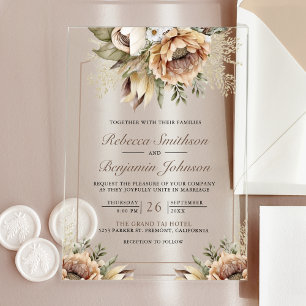 Invitations En Acrylique Mariage Bohème Neutre aux Tons Terriens et Fleurs 