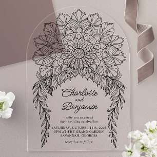 Invitations En Acrylique Mariage Bohème Noir Mandala Feuillu Vigne