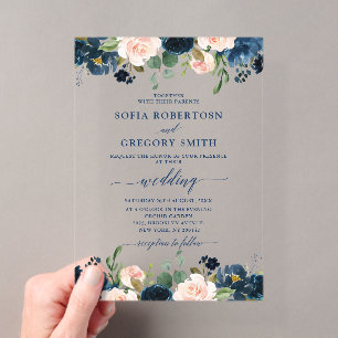 Invitations En Acrylique Mariage Bohème Rose Rose Foncé Bleu Marine