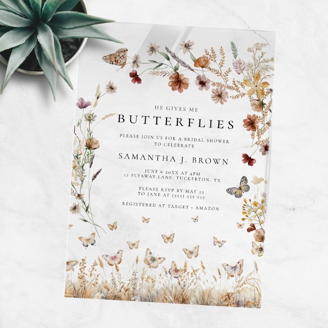 Invitations En Acrylique Mariage Bohème Rustique Fleurs Papillons (Créateur téléchargé)