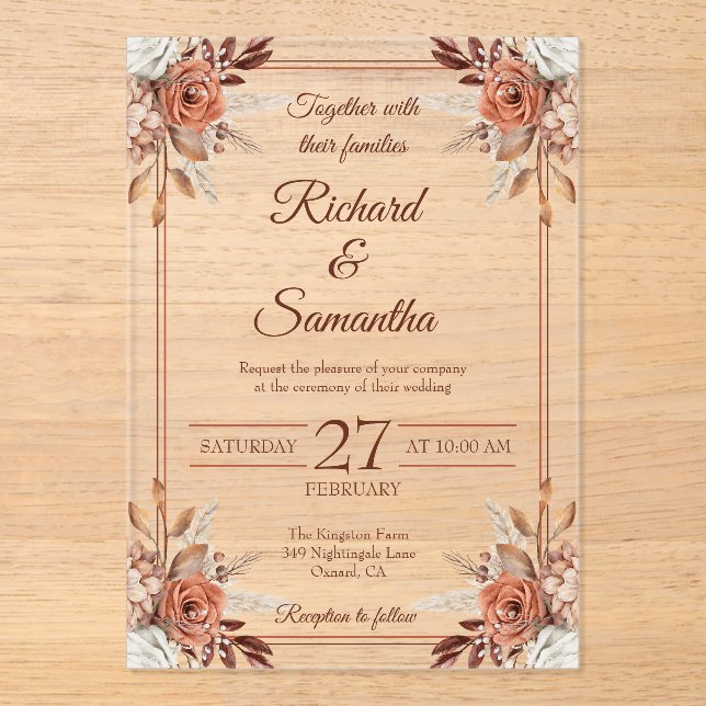 Invitations En Acrylique Mariage Boho à cadre floral rustique (Recto)
