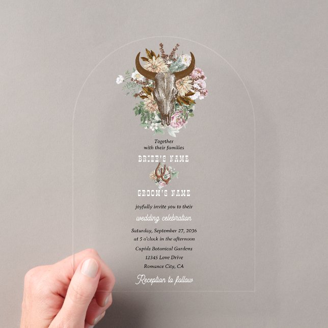 Invitations En Acrylique Mariage Boho Cowboy Occidental Crâne de Vache (In situ (ordinateur de poche))