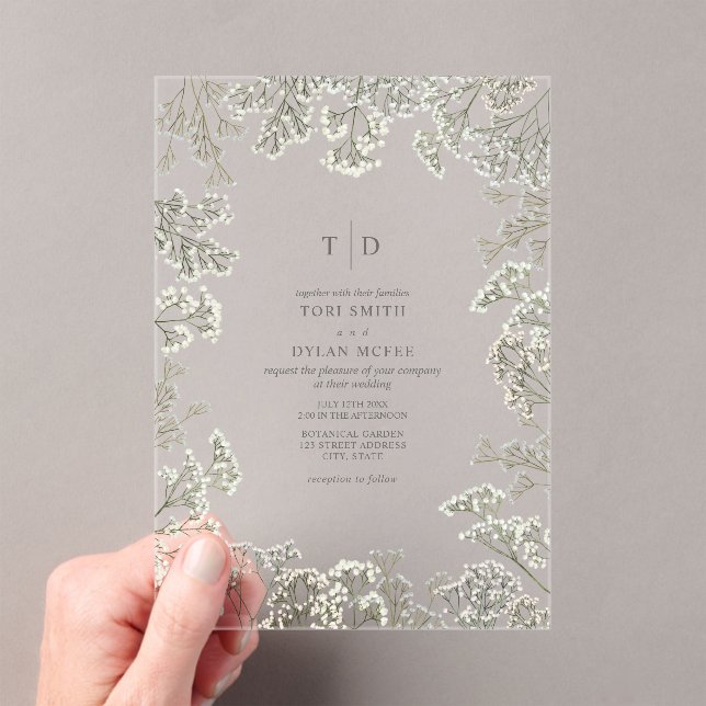 Invitations En Acrylique Mariage botanique avec monogramme et Gypsophile (In situ (ordinateur de poche))
