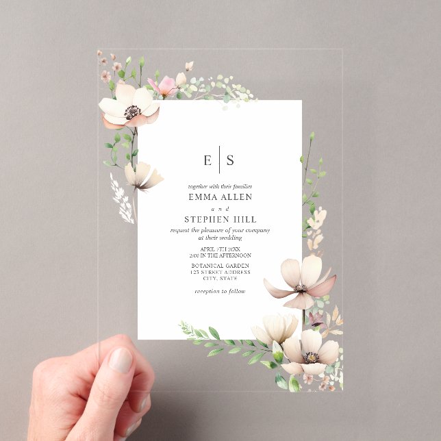 Invitations En Acrylique Mariage Botanique Blanc Cassé Fleurs de Monogramme (In situ (ordinateur de poche))