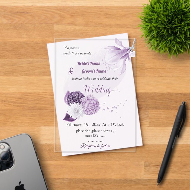 Invitations En Acrylique mariage botanique de fleurs violettes romantique (Insitu (Carte d'invitation))