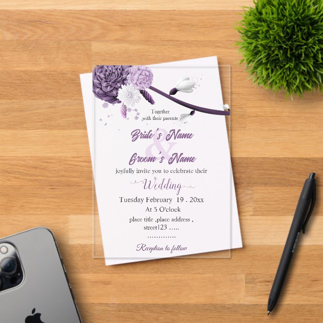 Invitations En Acrylique mariage botanique de fleurs violettes romantique (Insitu (Carte d'invitation))