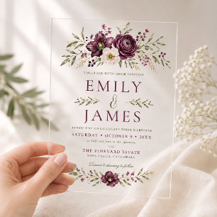 Invitations En Acrylique Mariage Botanique Élégant aux Prunes et Olives