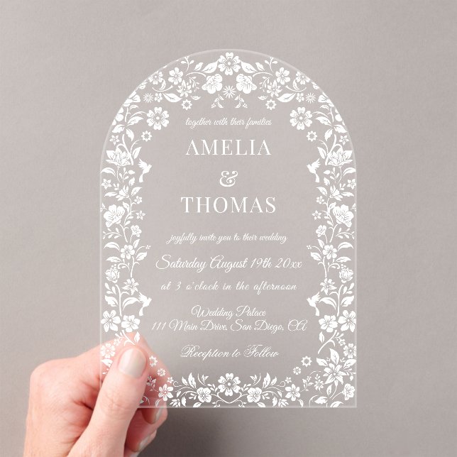 Invitations En Acrylique Mariage Botanique Élégant Blanc (In situ (ordinateur de poche))