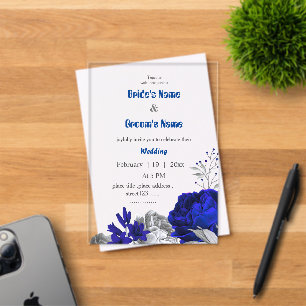 Invitations En Acrylique mariage botanique fleurs bleu royal et argent