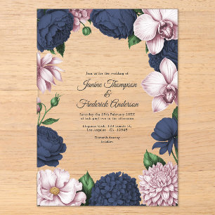 Invitations En Acrylique Mariage Botanique Moderne Bleu Nuit et Rose Pâle