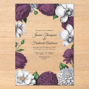 Invitations En Acrylique Mariage botanique moderne prune et argent