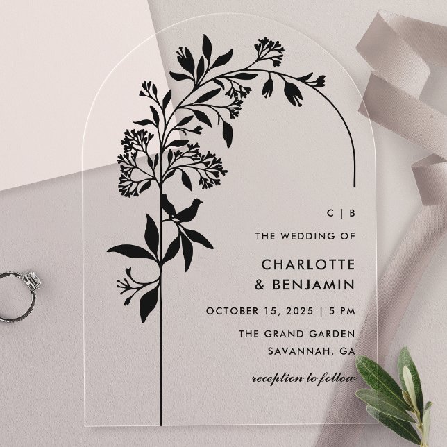Invitations En Acrylique Mariage botanique noir moderne avec arche (Créateur téléchargé)