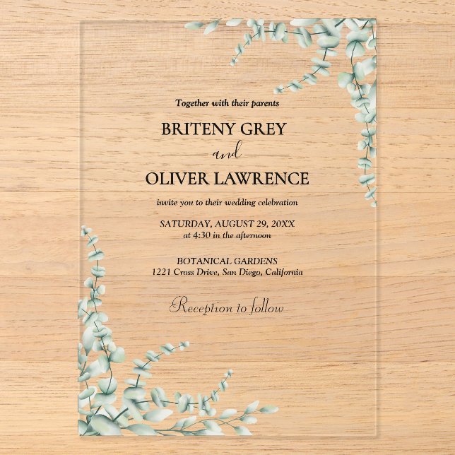 Invitations En Acrylique Mariage Botanique Rustique Eucalyptus Verdure (Recto)