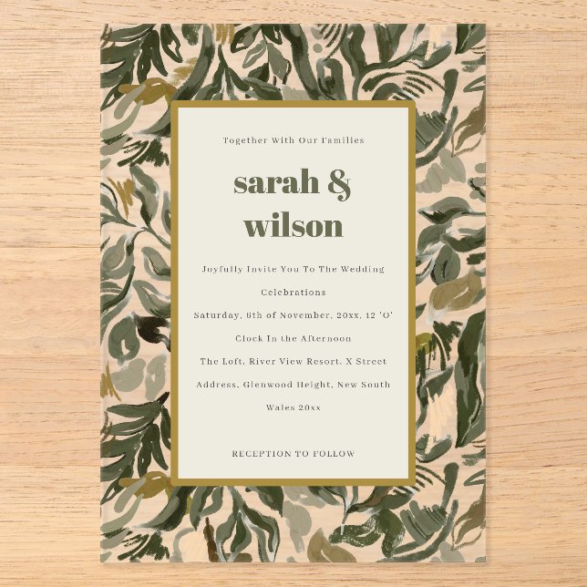 Invitations En Acrylique Mariage Botanique Vert Bohème Rétro Chic Rustique (Recto)