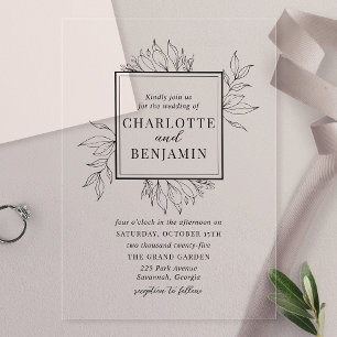 Invitations En Acrylique Mariage cadre botanique noir élégant