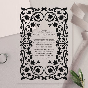 Invitations En Acrylique Mariage cadre floral orné élégant noir 