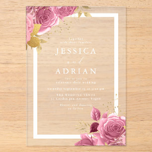 Invitations En Acrylique Mariage Cadre Floral Rose & Or