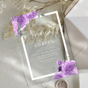 Invitations En Acrylique Mariage Cadre Floral Violet Lavande Et Argent
